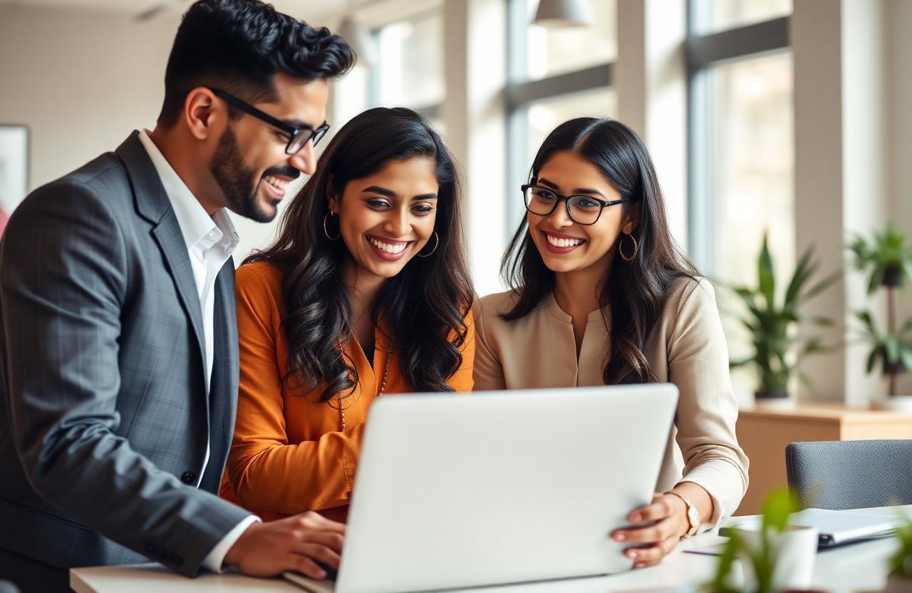 Indian business operators collaborating in a bright modern office